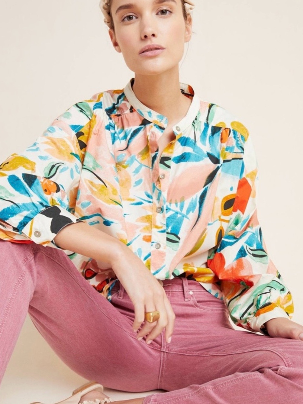 Anthropologie Crisanta Poplin Watercolor Floral Button-Down Casual Comfy Blouse